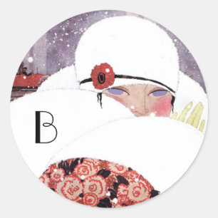 PEGATINA REDONDA MUJER EN LA NIEVE, INVIERNO BELLEZA MODA MONOGRAMA