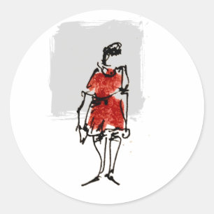 Pegatina Redonda Mujer en vestido rojo boceto suelto de tinta