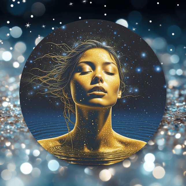 Pegatina Redonda Mujer espiritual en el agua bajo las estrellas (Subido por el creador)
