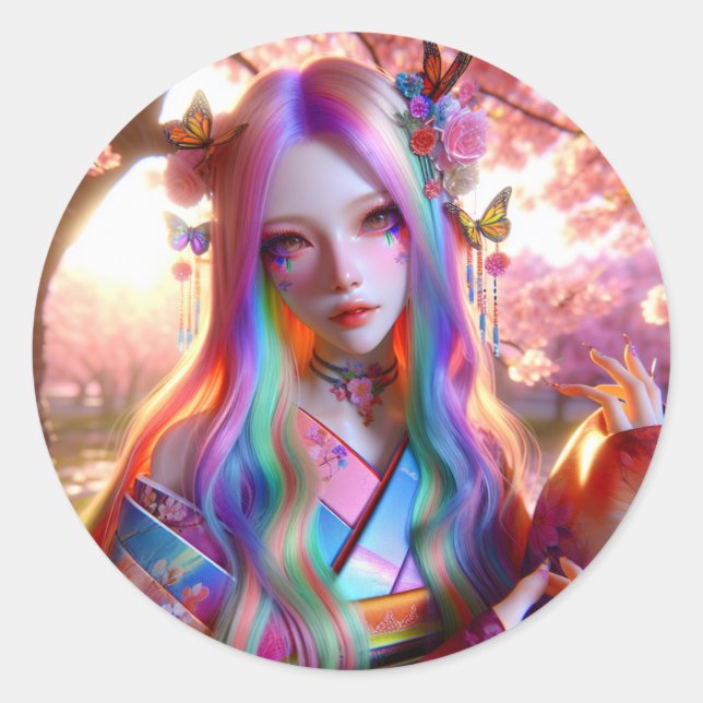 Pegatina Redonda Mujer etérea mística bonito con mariposas (Anverso)