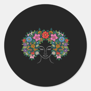 Pegatina Redonda Mujer flor pelo afro Chica negro historia junio