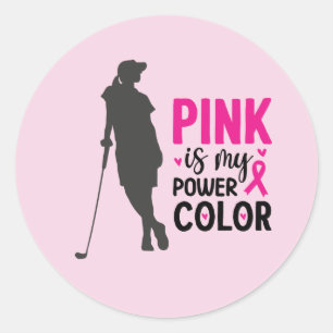 Pegatina Redonda Mujer golfer: conciencia del cáncer de mama rosada