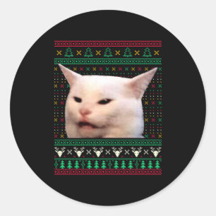 Pegatina Redonda Mujer gritando a un gato suéteres feos de Navidad
