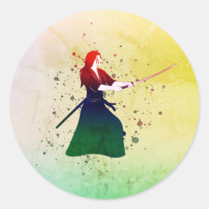 Pegatina Redonda Mujer guerrera samurai con una katana