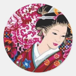 Pegatina Redonda Mujer japonesa en Kimono