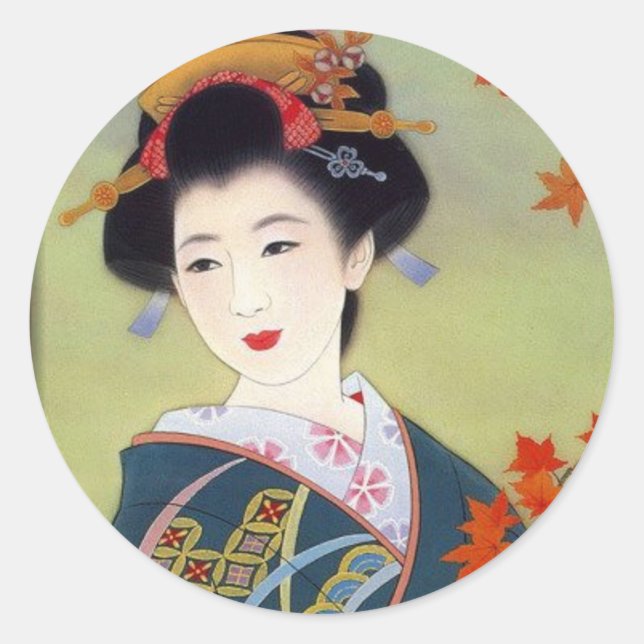 Pegatina Redonda Mujer japonesa en kimono azul (Anverso)