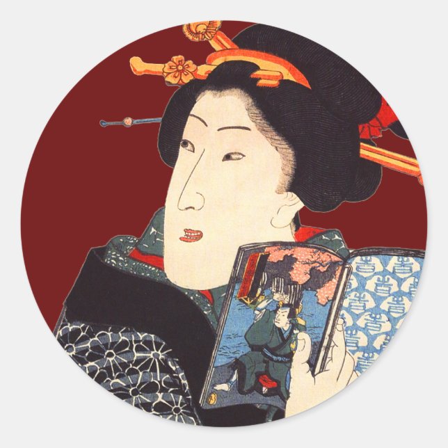 Pegatina Redonda Mujer japonesa leyendo 2 (Anverso)