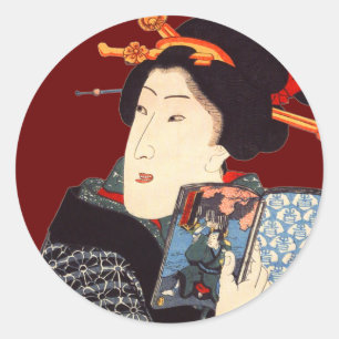Pegatina Redonda Mujer japonesa leyendo 2