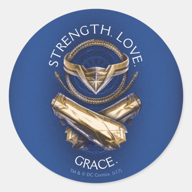 Pegatina Redonda Mujer Maravilla Tiara, Lasso y Pulseras (Anverso)