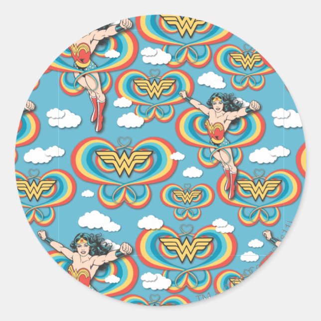 Pegatina Redonda Mujer Maravilla Volando Alto Patrón (Anverso)