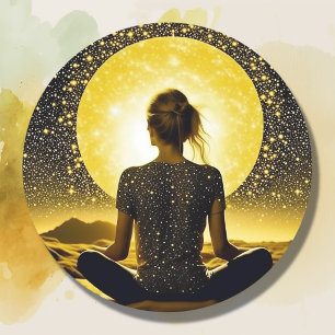 Pegatina Redonda Mujer meditando por luna llena en noche estrellada