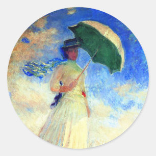 Pegatina Redonda Mujer Monet con una sombrilla a la derecha