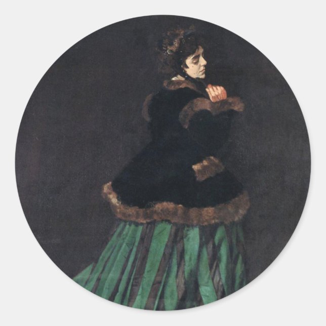 Pegatina Redonda Mujer Monet con vestido verde (Anverso)