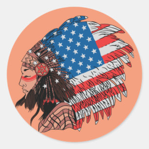 Pegatina Redonda Mujer Nativa Americana con Tocado
