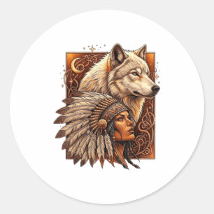Pegatina Redonda Mujer Nativa Americana India Con Vitag De Lobo Bla
