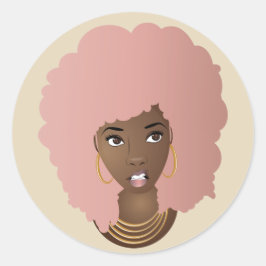 Pegatina Redonda Mujer negra, África rosa con expresión enojada