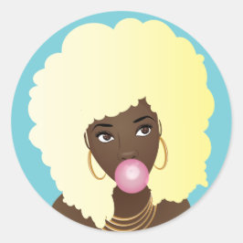 Pegatina Redonda Mujer negra, África rubia, bóblegum rosada