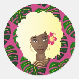 Pegatina Redonda Mujer negra, África rubia, hojas tropicales, rosa