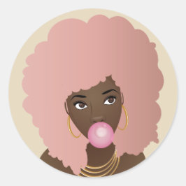 Pegatina Redonda Mujer negra, afro rosado, batiburrillo rosado