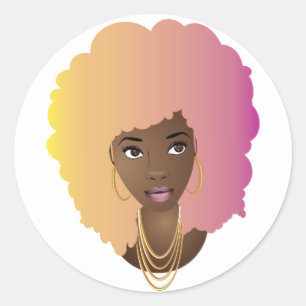 Pegatina Redonda Mujer negra, amarillo colorido, Naranja y pelo ros