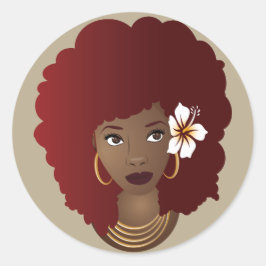 Pegatina Redonda Mujer negra con flores en su afro rojo, beige