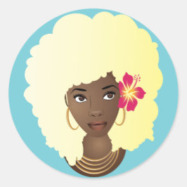Pegatina Redonda Mujer negra con flores en su afro rubio, azul