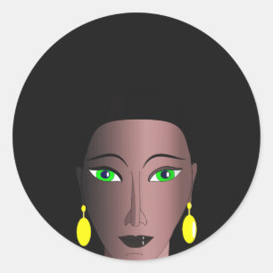PEGATINA REDONDA MUJER NEGRA CON PELO AFRO ELEGANTE