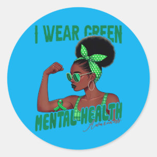 Pegatina Redonda Mujer Negra Conciencia sobre la Salud Mental Verde