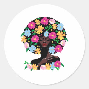 Pegatina Redonda Mujer negra pelo de flor afro Chica historia negra