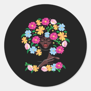 Pegatina Redonda Mujer negra pelo de flor afro Chica historia negra
