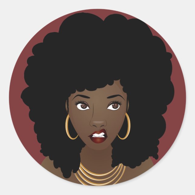 Pegatina Redonda Mujer negra, pelo natural, expresión enojada (Anverso)