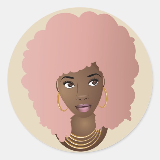 Pegatina Redonda Mujer negra, pelo rosado, labios rosados (Anverso)