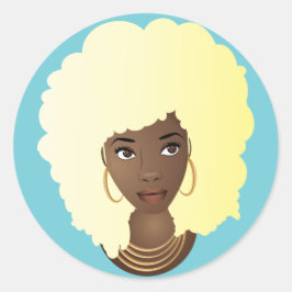 Pegatina Redonda Mujer negra, pelo rubio, azul