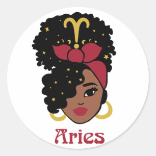 Pegatina Redonda Mujer negra Zodiac Aries