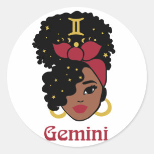 Pegatina Redonda Mujer negra Zodiac Gemini