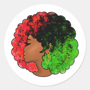 Pegatina Redonda Mujer niña negra panafricana orgullo afro verde ro
