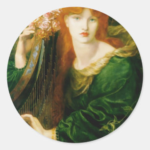 Pegatina Redonda Mujer que juega la pintura de la arpa