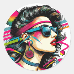 Pegatina Redonda Mujer que lleva gafas de sol arte pop colorido