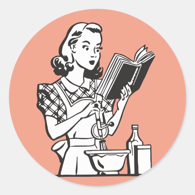 Pegatina Redonda Mujer retro cocinando divertida en los años 50 (Anverso)