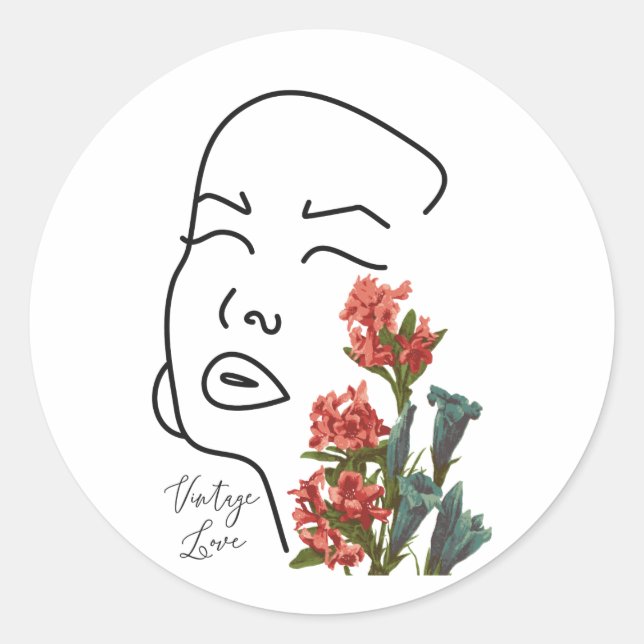 Pegatina Redonda Mujer retro floral cara una línea flor de dibujo T (Anverso)