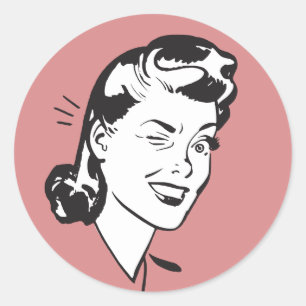 Pegatina Redonda Mujer retro guiñando ilustración sobre rosa