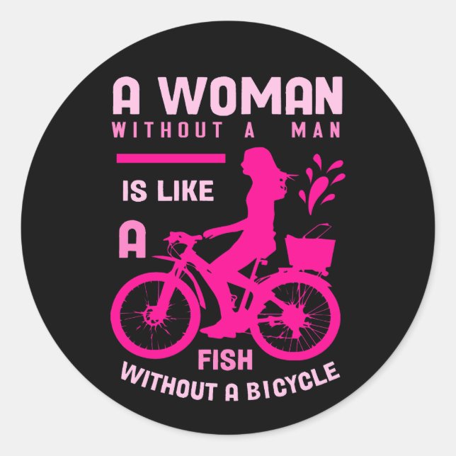 Pegatina Redonda mujer rosa sin hombre como feminista de la bicicle (Anverso)