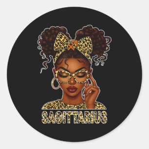 Pegatina Redonda Mujer Sagitario Chica Negra Arco Leopardo Zodiaco