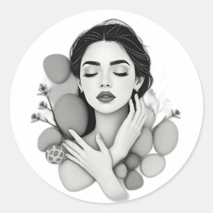 Pegatina Redonda Mujer serena con piedras y plantas