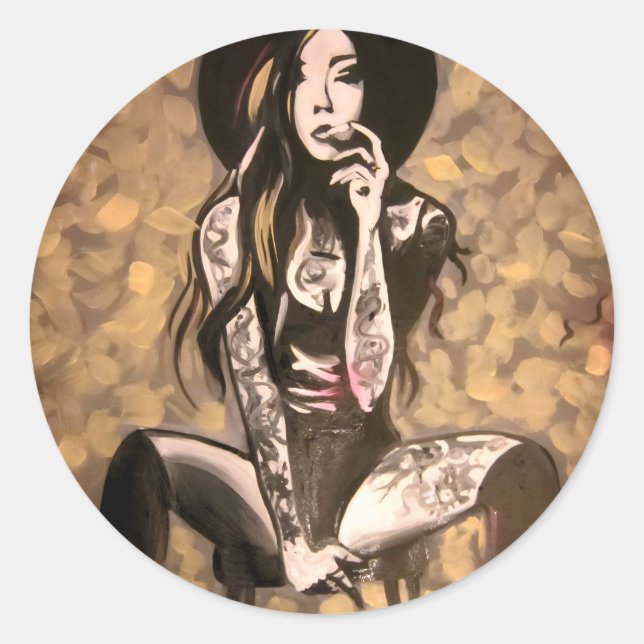 Pegatina Redonda Mujer Tatuada en Oro (Anverso)