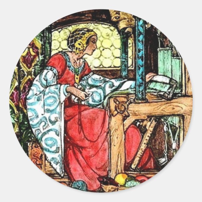 Pegatina Redonda Mujer tejedora (Anverso)