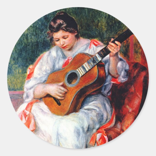 Pegatina Redonda Mujer tocando la guitarra, de Pierre Renoir (Anverso)