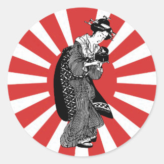 Pegatina Redonda Mujer ukiyoica japonesa tradicional