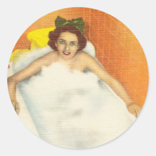 Pegatina Redonda Mujer ventilado en bañera divertido retro kitsch