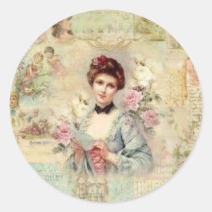Pegatina Redonda Mujer Victoria Retro Con Rosas